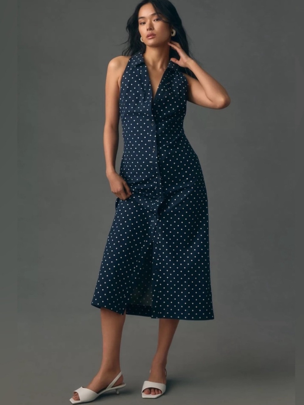 Anthropologie Maeve Halter Slim Midi Button Down Dress Polka Dot Blue Size XS - Picture 12 of 12